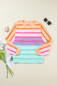 Multicolour Gradient Striped Ribbed Edge Loose Sweater