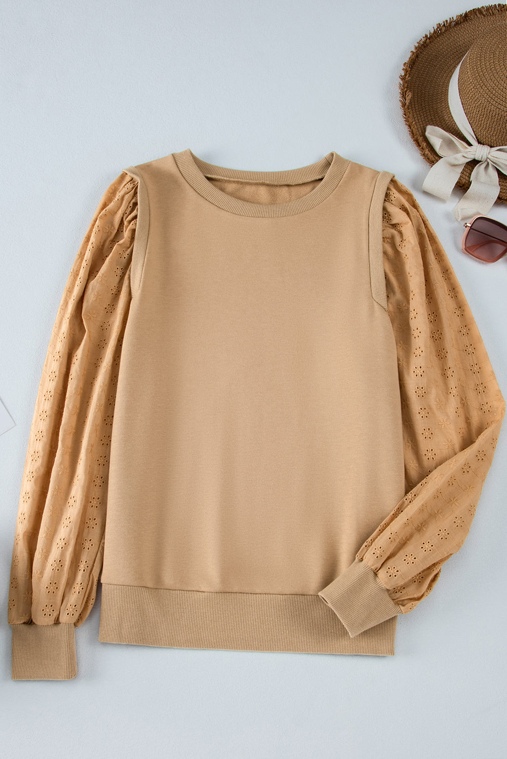 Mist Green Solid Patchwork Sleeve Round Neck Sweatshirt