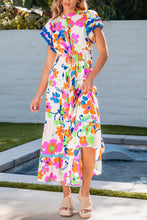 Load image into Gallery viewer, Pink Ricrac Trim Flutter Sleeve Buttoned Floral Maxi Dress
