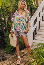 Load image into Gallery viewer, White Tropical Floral Print Ruffled Short Sleeve Blouse
