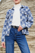 Load image into Gallery viewer, Light Blue Checkered Patchwork Button up Denim Jacket
