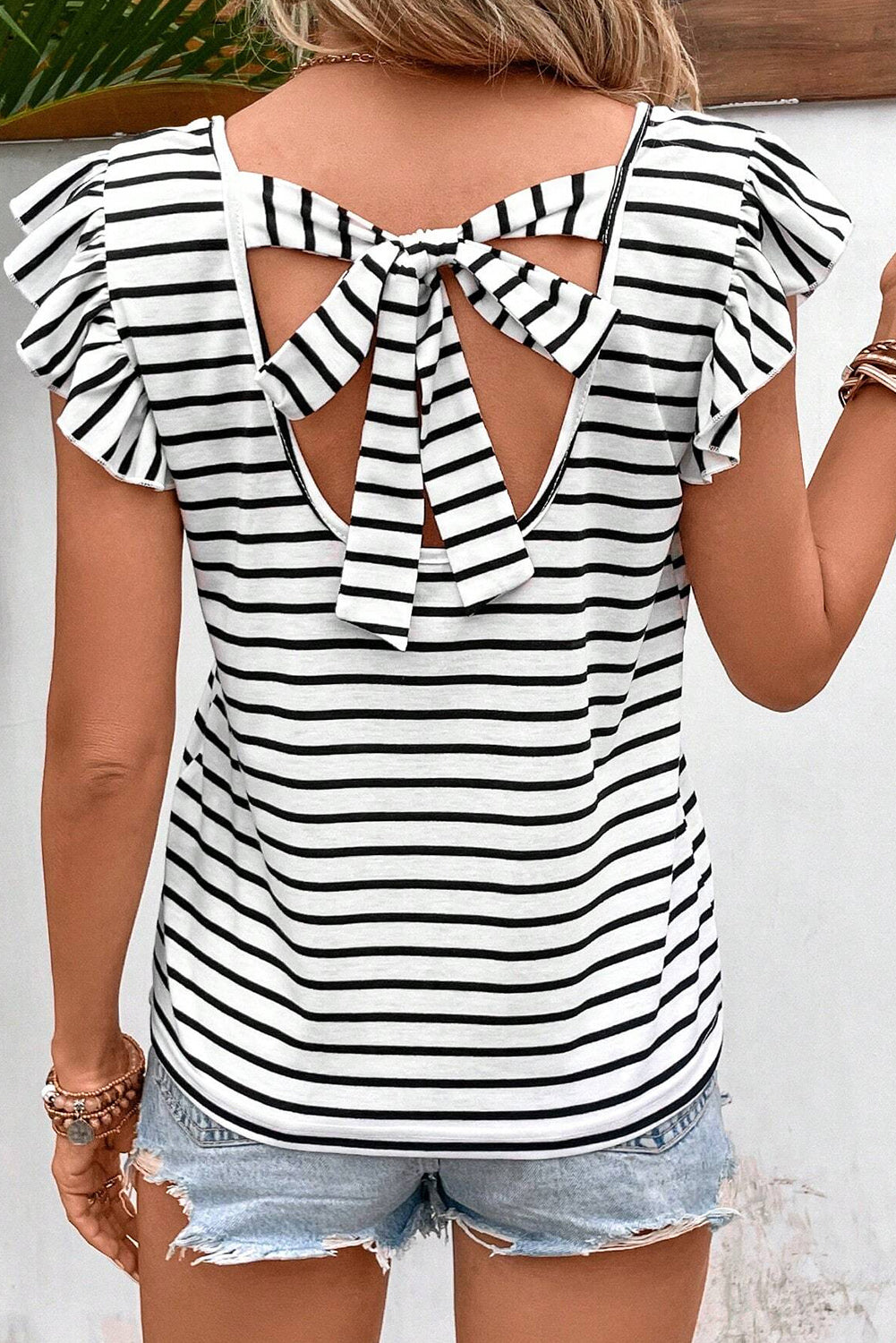 White Stripe Butterfly Sleeve V Neck Hollowed Knot Back T Shirt