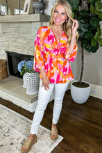 Load image into Gallery viewer, Orange Abstract Print 3/4 Sleeve V Neck Ruffled Babydoll Blouse
