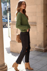 Green Textured Knit Round Neck Dolman Sleeve Sweater