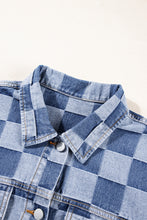 Load image into Gallery viewer, Light Blue Checkered Patchwork Button up Denim Jacket
