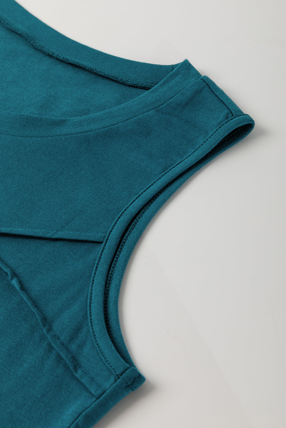 Blue Sapphire Solid Color Stitching Detail Round Neck Tank Top