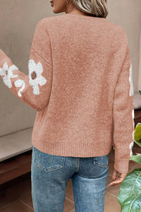 Light Pink Flower Sleeve Drop Shoulder Sweater