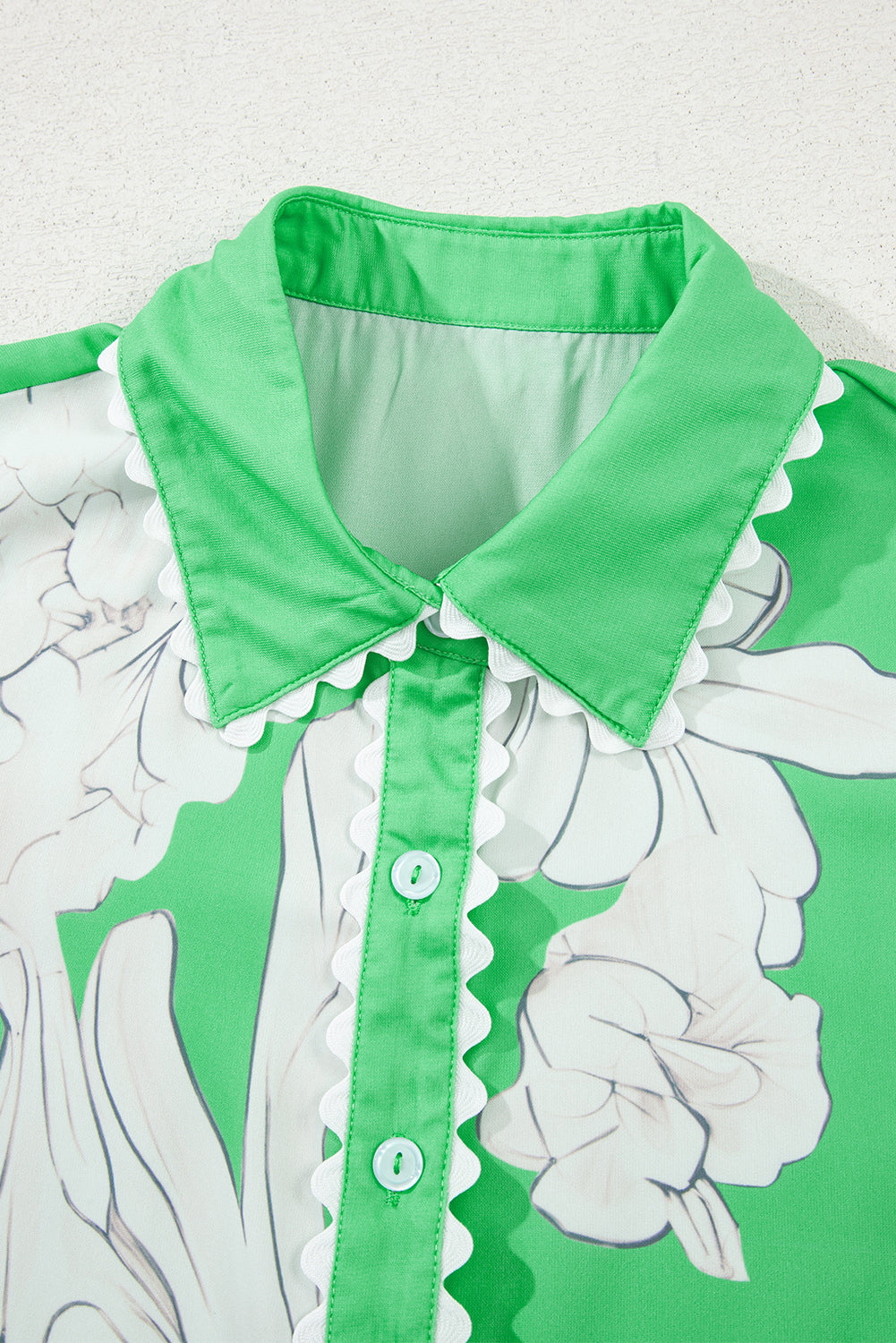 Green Floral Ric Rac Edge Puff Sleeve Button Up Summer Shirt