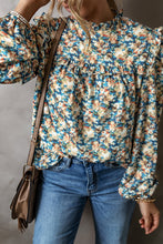 Load image into Gallery viewer, Sky Blue Floral Print Frilled Mock Neck Puff Sleeve Blouse
