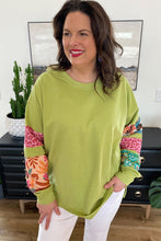 Load image into Gallery viewer, Green Plus Size Printed Patchwork Sleeve Split Sweatshirt
