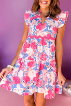 Load image into Gallery viewer, Sky Blue Floral Printed V Notched Ric Rac Flutter Sleeve Dress
