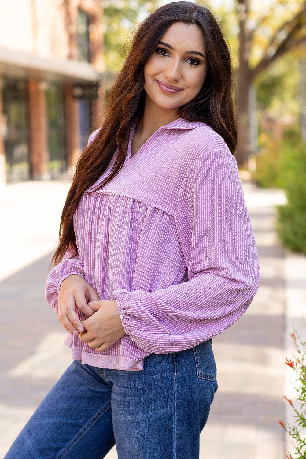 Bright Pink Corded Turn-down V Neck Bubble Sleeve Babydoll Blouse