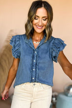 Load image into Gallery viewer, Beau Blue Button Front Ruffled Flutter Frayed Denim Top
