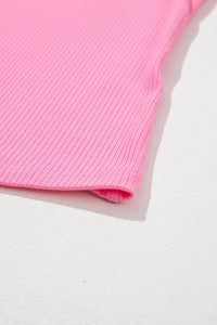 Strawberry Pink Ruffled Pleated Mesh Sleeve Ribbed Knit Slim Fit T Shirt