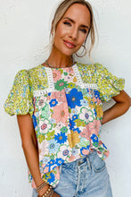 Load image into Gallery viewer, Green Bubble Sleeve Lace Trim Floral Mixed Print Blouse
