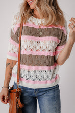 Load image into Gallery viewer, Brown Stripe Color Block Hollow Out Crochet Half Sleeve Sweater
