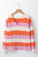 Load image into Gallery viewer, Orange Stripe Colorblock V Neck Casual Sweater
