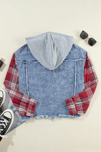 Load image into Gallery viewer, Beau Blue Plaid Print Patchwork Hooded Raw Hem Denim Jacket
