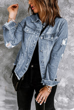 Load image into Gallery viewer, Sky Blue Lapel Distressed Raw Hem Buttons Denim Jacket
