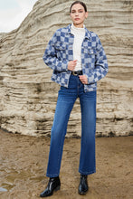 Load image into Gallery viewer, Light Blue Checkered Patchwork Button up Denim Jacket
