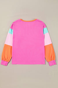 Green Colorblock Patchwork Long Sleeve Loose Top