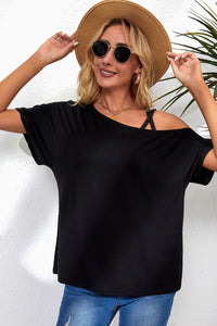 Rose Asymmetric Criss Cross One Shoulder T Shirt