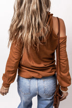 Load image into Gallery viewer, Cinnamon Exposed Seam Cold Shoulder Drawstring Hoodie
