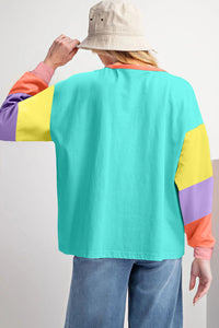 Green Colorblock Patchwork Long Sleeve Loose Top