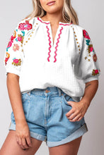 Load image into Gallery viewer, White Floral Embroidered Ricrac Puff Sleeve Textured Blouse
