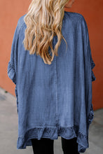 Load image into Gallery viewer, Dusk Blue Chambray Ruffle Hem Half Sleeve Open Loose Kimono
