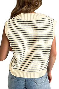 Black Stripe Turn-down V Neck Sweater Tank Top