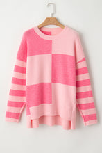 Load image into Gallery viewer, Pink Checkered Colorblock Striped High Low Loose Sweater
