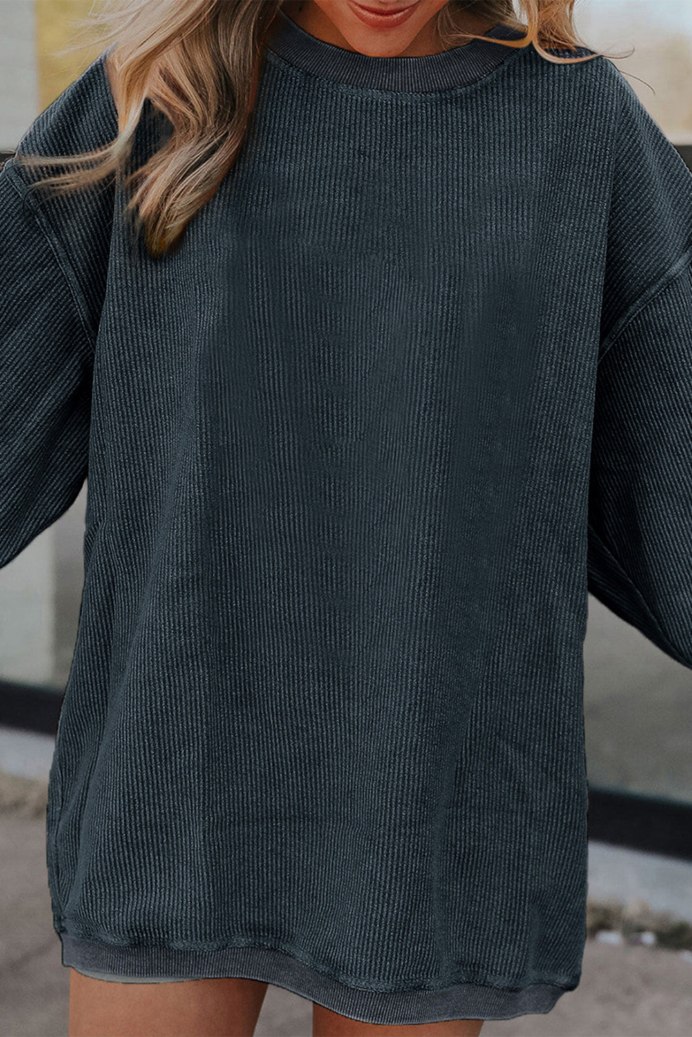 Smoke Gray Ribbed Corduroy Oversized Sweatshirt