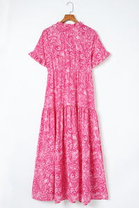 Pink Paisley Print Boho Holiday Ruffle Tiered Maxi Dress