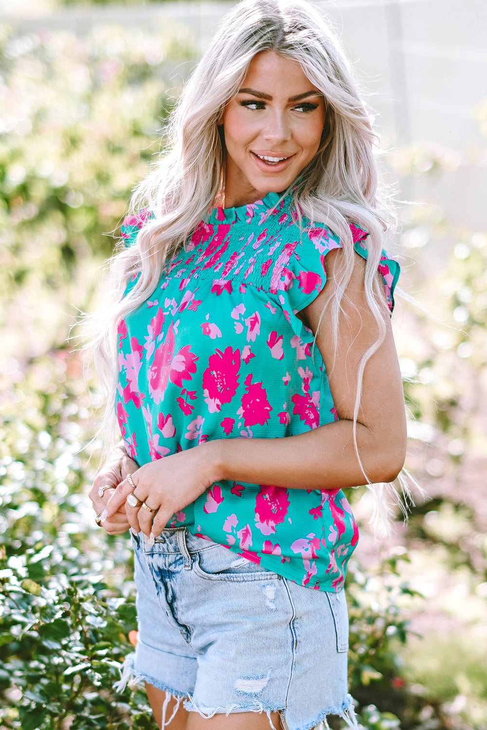 Green Floral Ruffled Flutter Sleeve Ruched Blouse