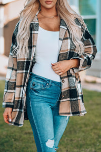 Red Plaid Print Buttoned Shirt Jacket