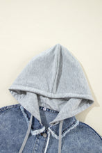 Load image into Gallery viewer, Beau Blue Plaid Print Patchwork Hooded Raw Hem Denim Jacket
