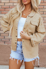 Load image into Gallery viewer, Khaki Pearl Beaded Raw Hem Button Up Denim Jacket
