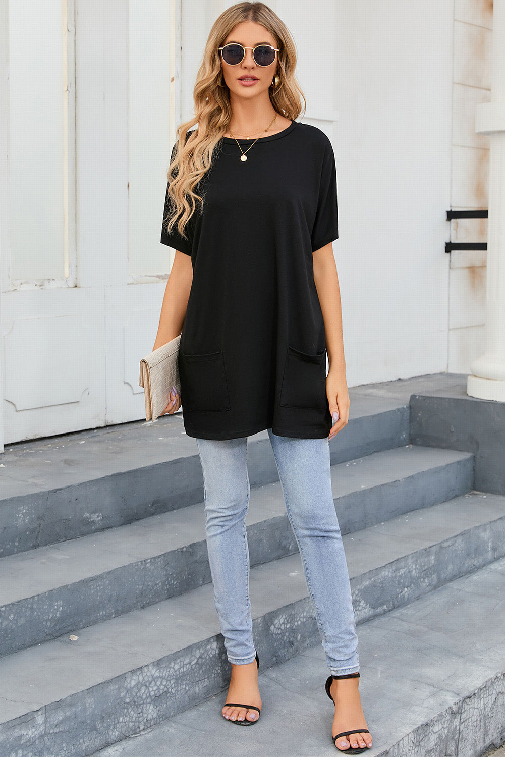 Gray Side Pockets Short Sleeve Tunic Top