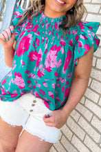 Load image into Gallery viewer, Green Floral Smocked Detail Ruffled Plus Size Blouse
