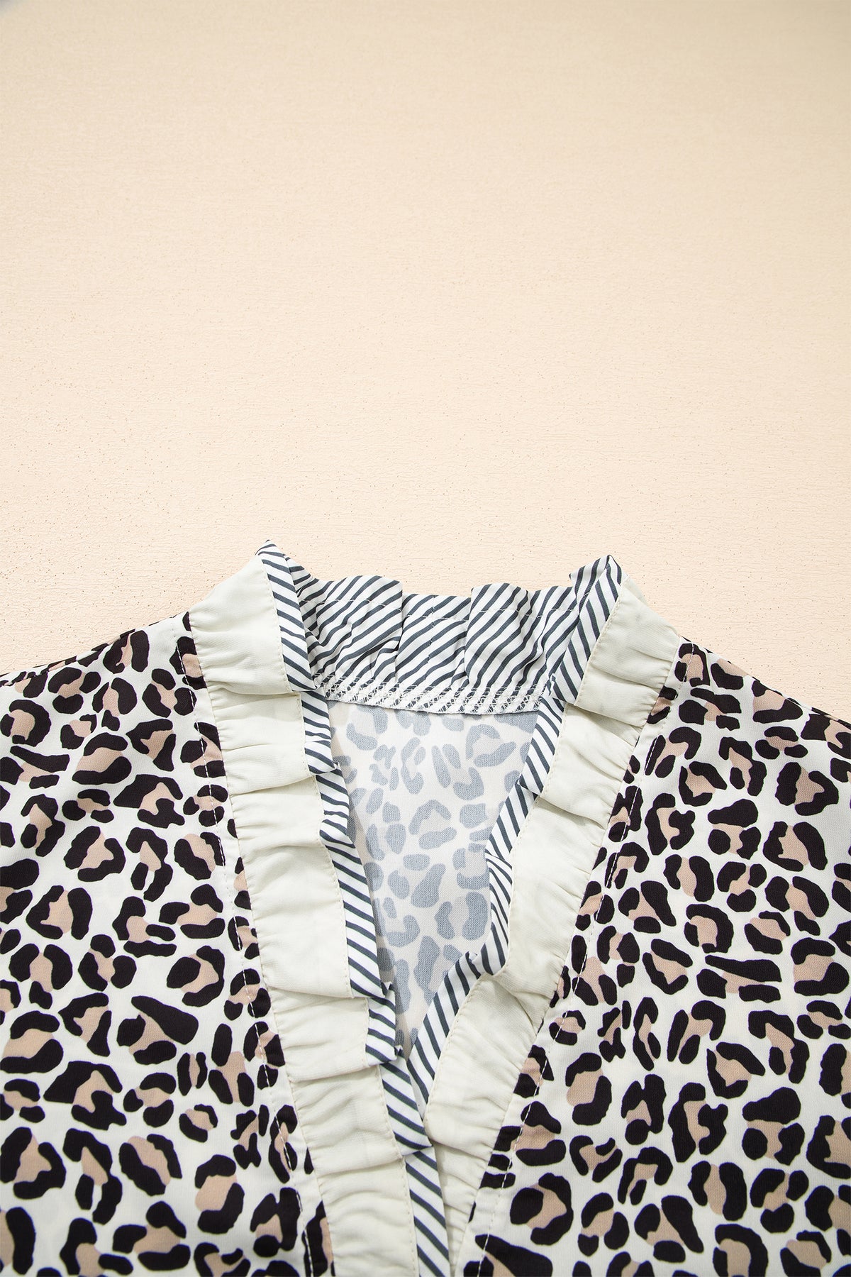 Black Leopard Print Striped Ruffled Color Block Trim V Neck Short Sleeve Blouse