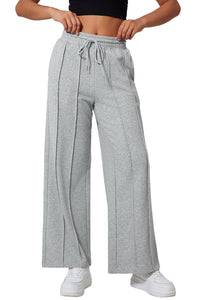 Gray Seamed Drawstring High Waist Wide Leg Sweatpants