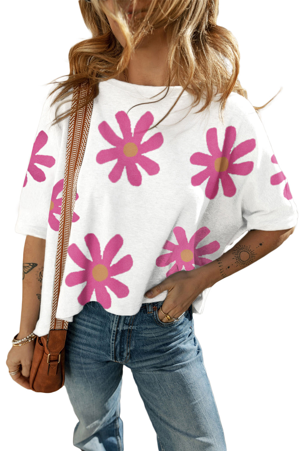 White Daisy Flower Printed Casual T Shirt