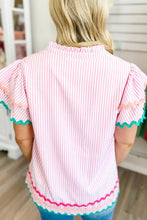 Load image into Gallery viewer, Sky Blue Stripe Ricrac Trim Split Neck Striped Ruffled Sleeve Blouse
