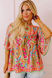 Green Fashion Printed Wide Sleeve Plus Size Blouse