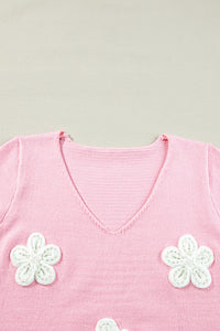 Pink Flower Crochet V Neck Short Sleeve Sweater