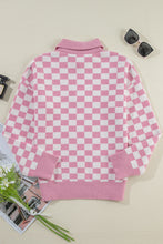 Load image into Gallery viewer, Pink Checkered Buttons Collar V Neck Drop Shoulder Sweater
