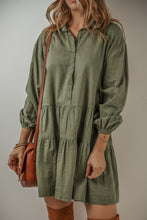 Load image into Gallery viewer, Jungle Green Puff Sleeve Buttoned Tiered Pleated Shirt Mini Dress
