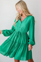 Load image into Gallery viewer, Sea Green Frilly V Neck Puff Sleeve Drawstring Shift Mini Dress
