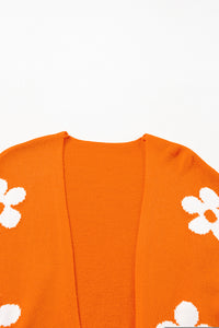 Orange Floral Print Knitted Open Front Loose Cardigan